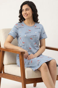 Zivame Farm Lore Knit Cotton Knee Length Nightdress - Ashley Blue — thumbnail 5